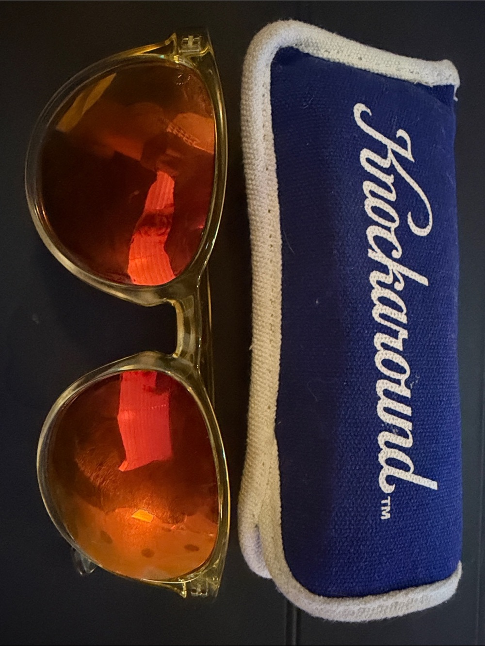 Knockaround sunglasses & case. Fun yellow mirrored ultraviolet protection..